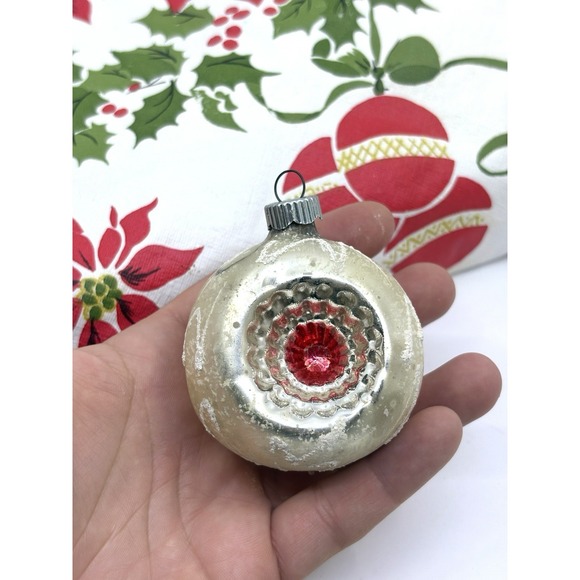 Vintage Christmas Mercury Glass Indent Ornament, Silver With Red Shiney Bright - Picture 2 of 5